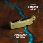 Outdoor Edge RazorMini green folding knife closed, side view with black lockback and lanyard hole