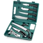 Outdoor Edge Game-Pro 10-Piece Game Processing Knife Set, open green case with knives and tools