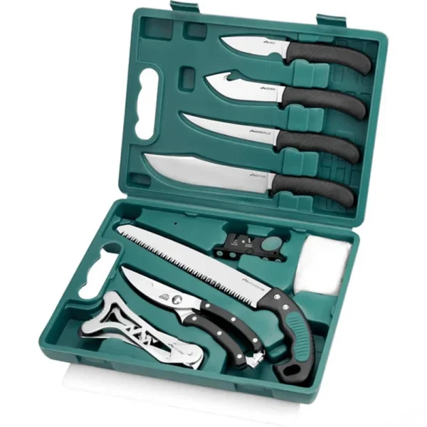 Outdoor Edge Game-Pro 10-Piece Game Processing Knife Set, open green case with knives and tools