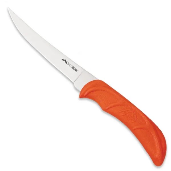 Outdoor Edge Wild Game Boning Knife, right-side view with curved silver blade and orange handle
