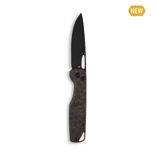 Outdoor Edge Kaytan, open folding knife with black blade and dark patterned handle