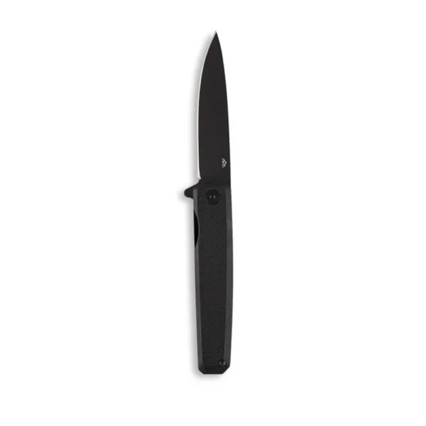 Outdoor Edge Peleus black folding knife, right side with open clip point blade and flipper