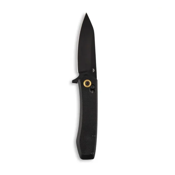 Outdoor Edge Sentinel black folding knife, right side with open blade and gold pivot ring