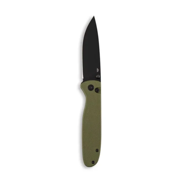 Outdoor Edge Dirk green folding knife, right side with open black drop point blade