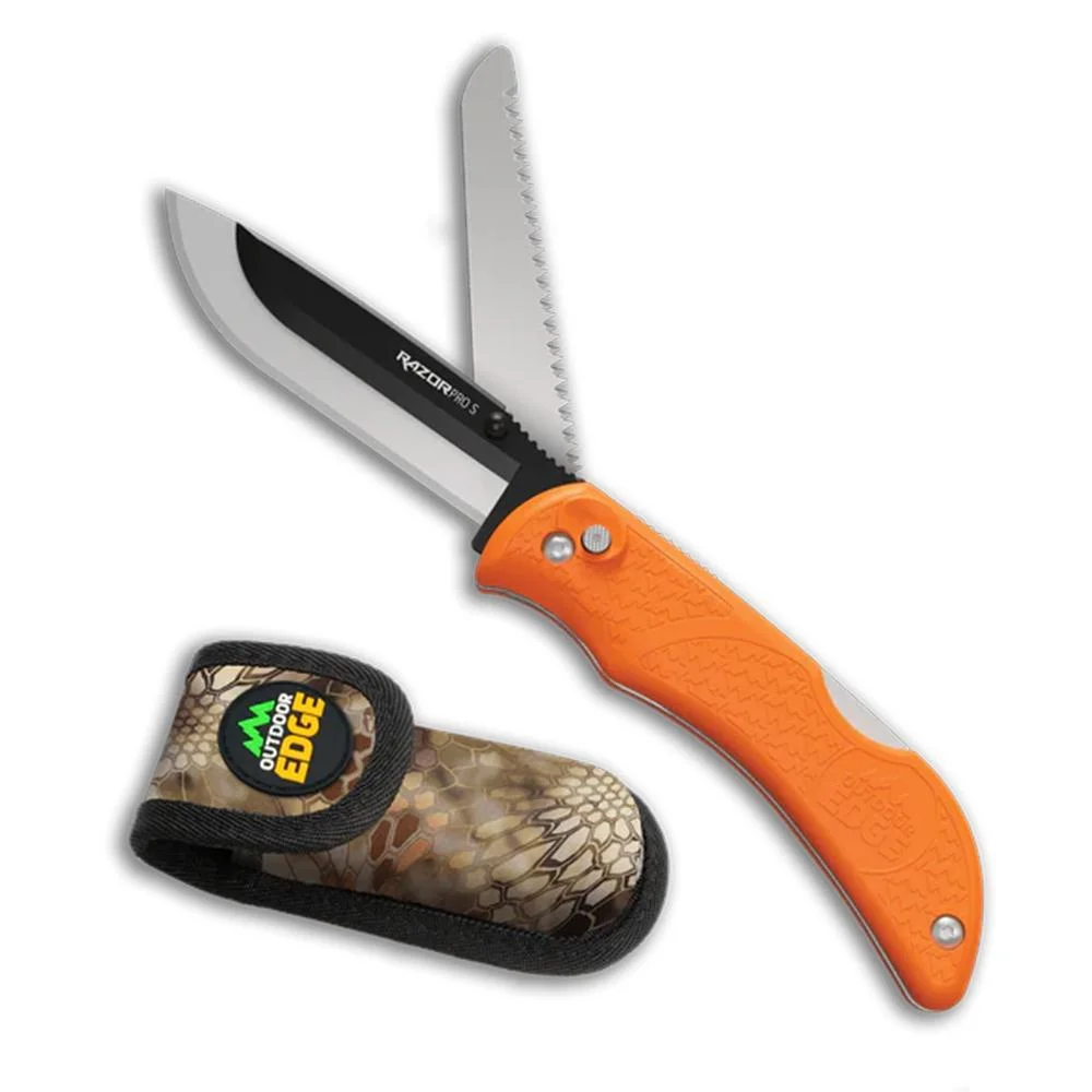 primary-40565 Outdoor Edge RazorPro S orange folding knife open with drop-point blade, saw and camo sheath