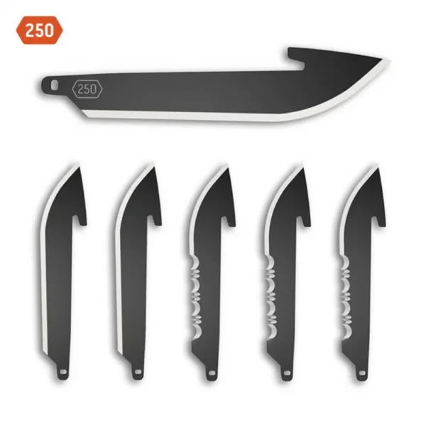 Outdoor Edge 2-1/5-inch Drop Point Blade Pack with six black plain and half-serrated blades