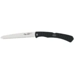Outdoor Edge Flip'n Saw open with silver serrated blade and curved black handle