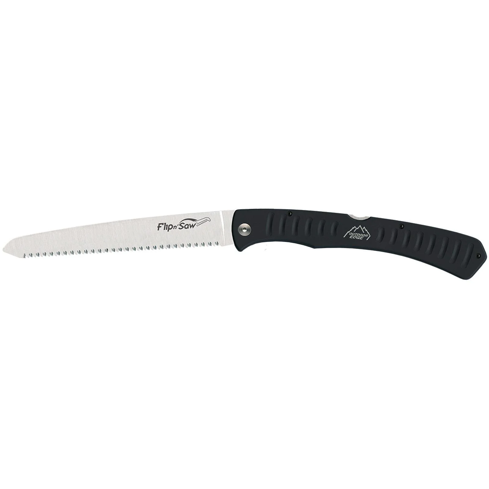 primary-40568 Outdoor Edge Flip'n Saw open with silver serrated blade and curved black handle