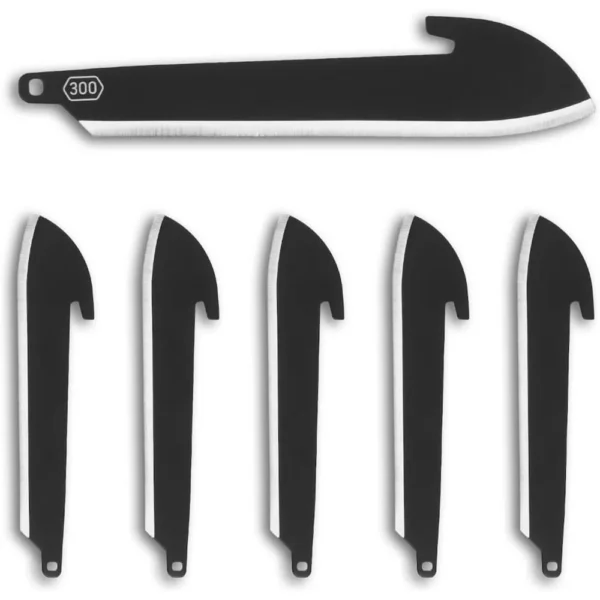 Outdoor Edge 3-inch Sheepsfoot Blade Pack, black, with one large blade above five smaller blades