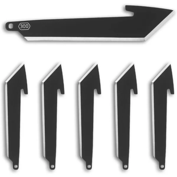 Outdoor Edge 3-inch Tanto Blade Pack, black, with one large blade above five smaller blades