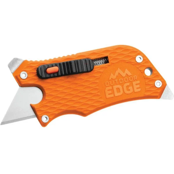 Outdoor Edge Slidewinder Utility Knife, right-side view with orange textured body and exposed blades