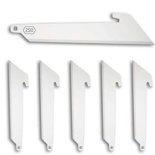 Outdoor Edge 2-1/2" Utility Blade Pack Stainless 6/ct, six silver hooked utility blades laid out
