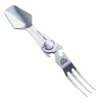 Outdoor Edge ChowLite Compact Folding Camp Utensil, silver fork and spoon unfolded, angled view