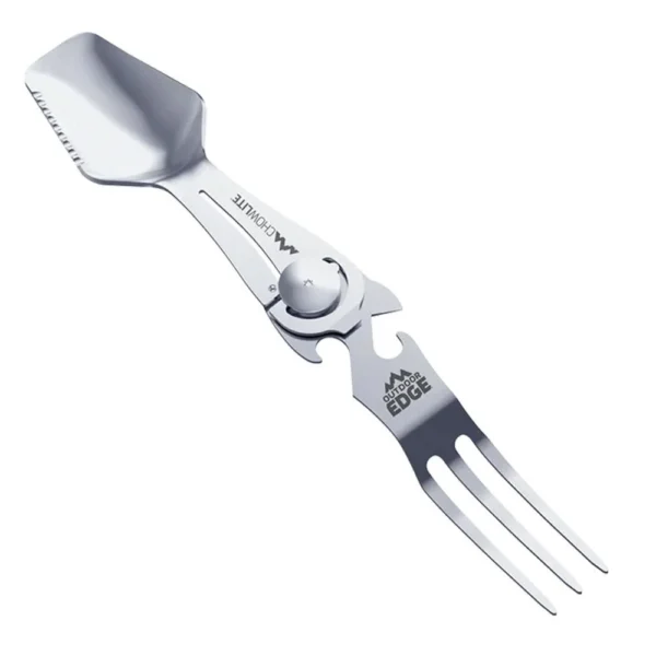 Outdoor Edge ChowLite Compact Folding Camp Utensil, silver fork and spoon unfolded, angled view