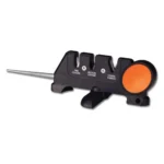 Outdoor Edge Edge-X Pro 4-in-1 Knife Sharpener, black body with orange wheel and metal rod