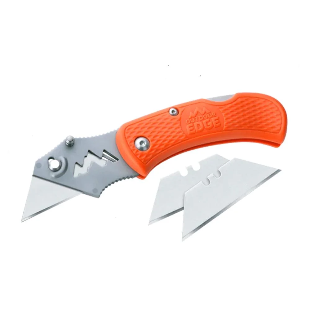 primary-40576 Outdoor Edge B.O.A. Utility Knife, open orange-handled knife with three silver blades