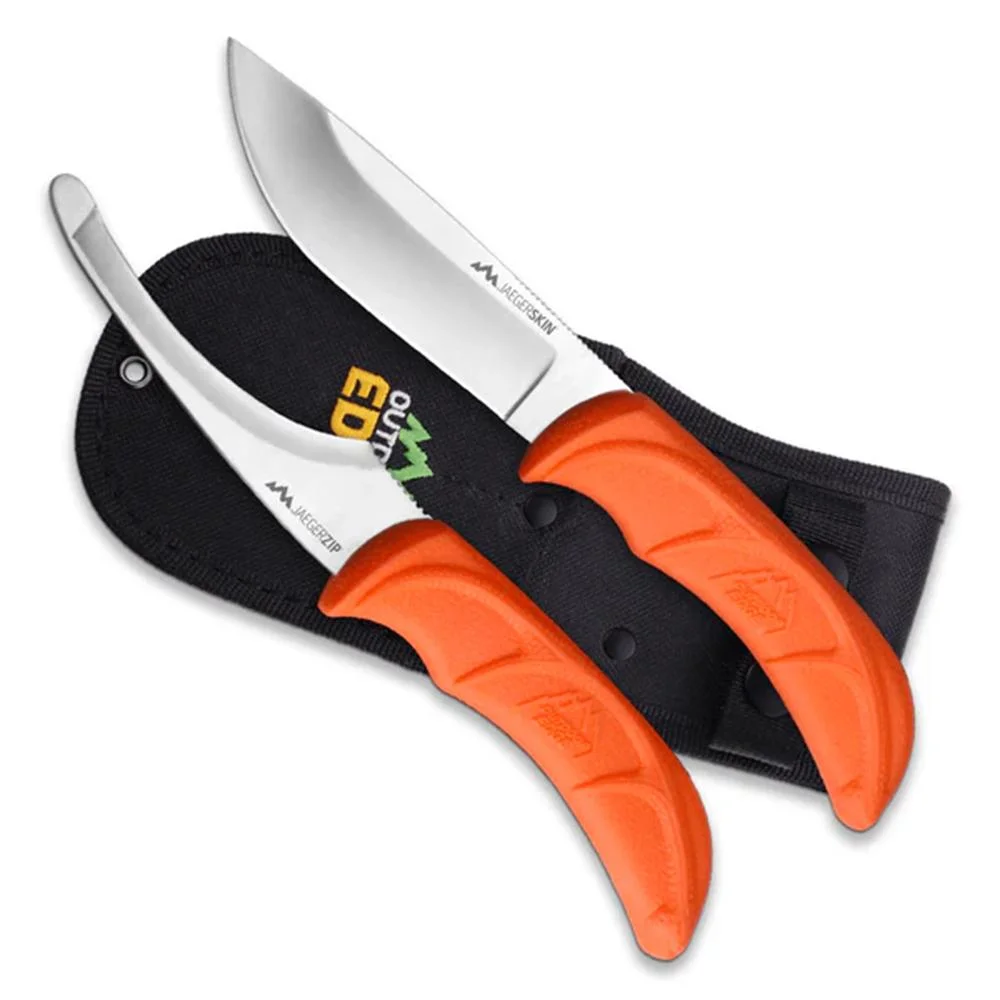 primary-40577 Outdoor Edge JaegerPair, two fixed knives with silver blades, orange handles and black sheath