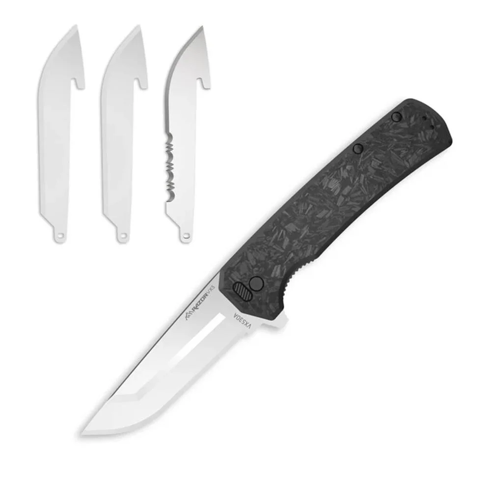 primary-40579 Outdoor Edge Razor VX5 black folding knife with open silver blade and three replacement blades