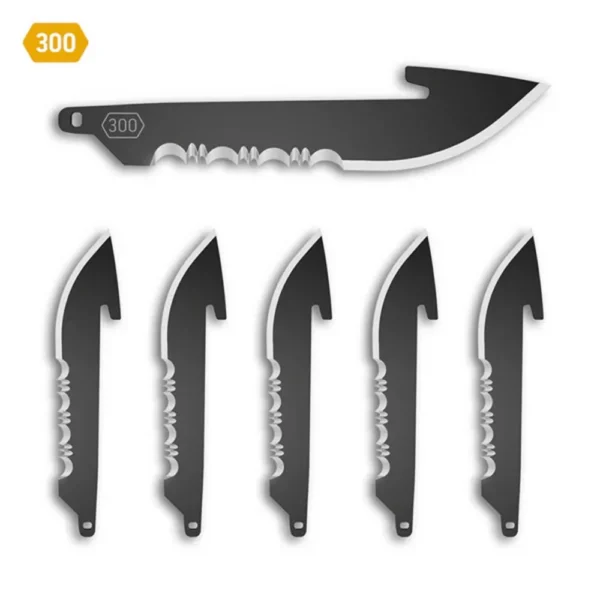 Outdoor Edge 3-inch Drop Point Blade Pack with six black half-serrated blades