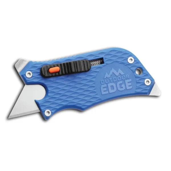 Outdoor Edge Slidewinder blue utility knife, side view with exposed blade and black slider