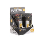 Outdoor Edge Razor Mini Display, front view with black and orange packaged knives in countertop box