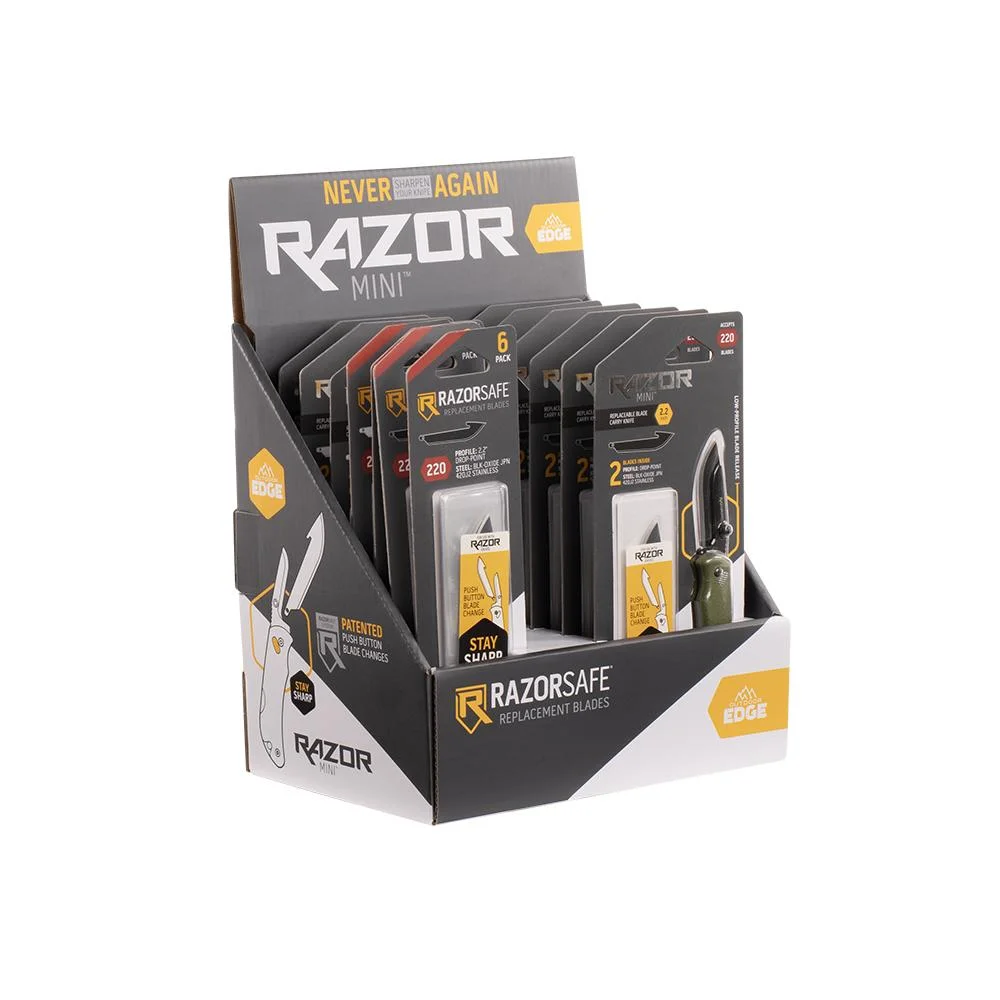 primary-40588 Outdoor Edge Razor Mini Display, front view with black and orange packaged knives in countertop box
