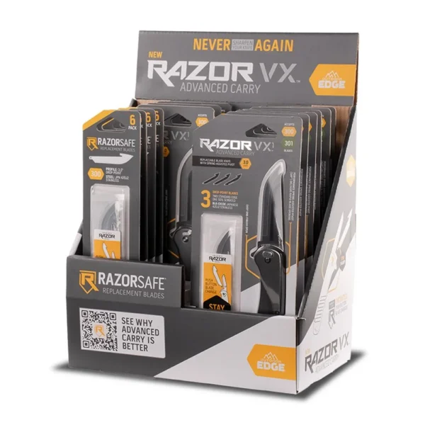Outdoor Edge Razor VX PDQ Knife Display, front view with black and orange packaged knives