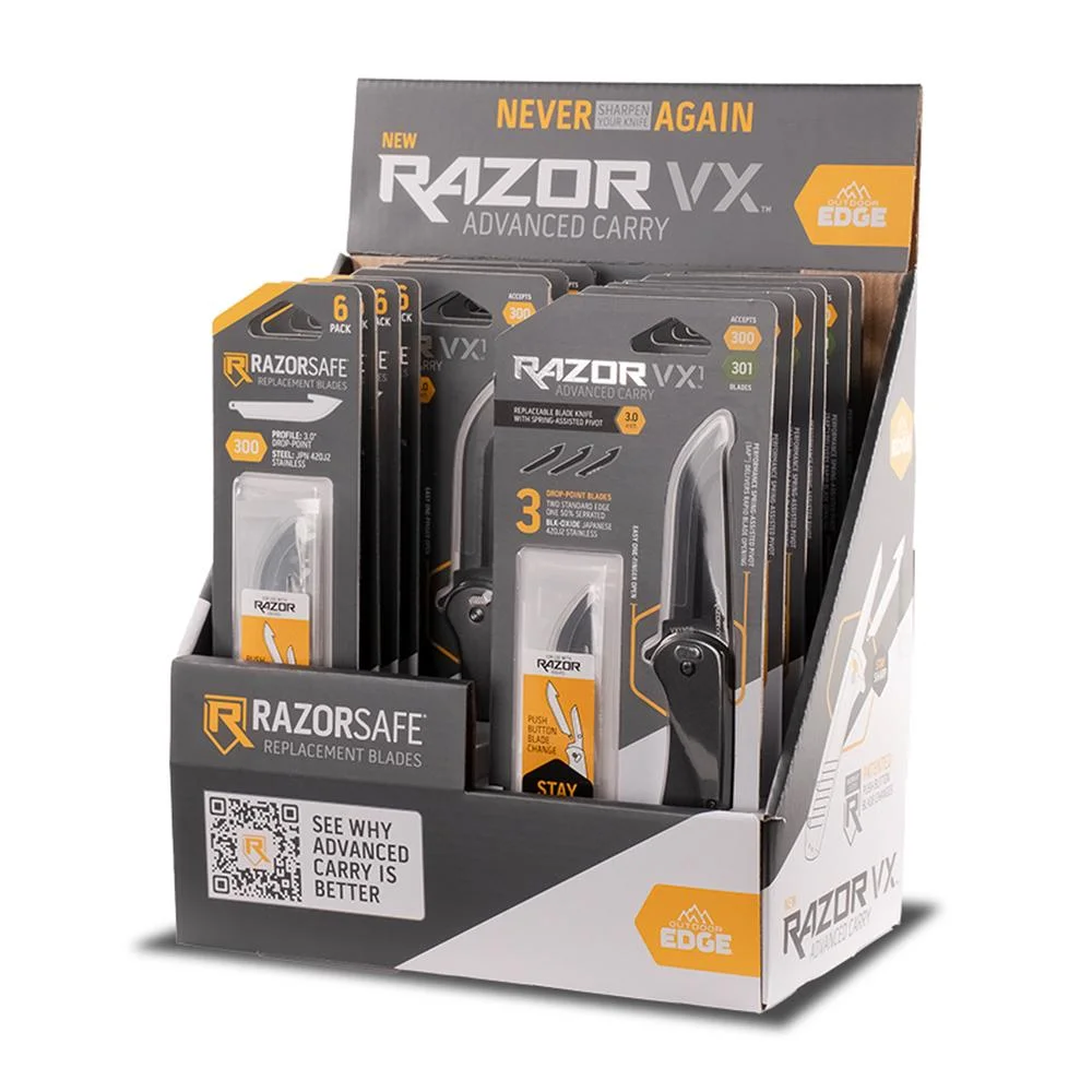 primary-40590 Outdoor Edge Razor VX PDQ Knife Display, front view with black and orange packaged knives