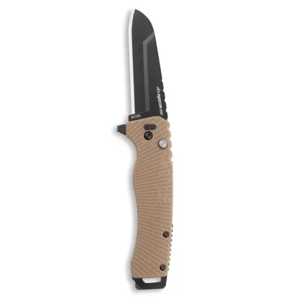 Outdoor Edge Razor XD1 tan folding knife, right side with open black sheepsfoot blade