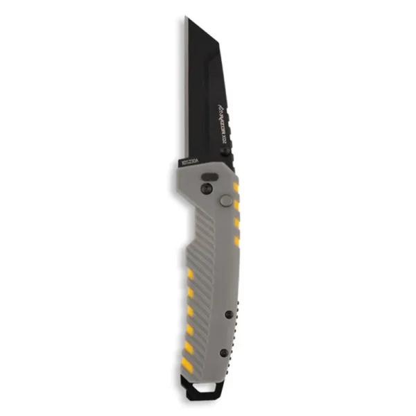 Outdoor Edge Razor XD2 grey utility knife, side view with black blade and yellow handle accents