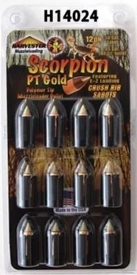 primary-40615 J-Ron Harvester Scorpion PT Gold, black and gold-tipped bullets in clear blister packaging
