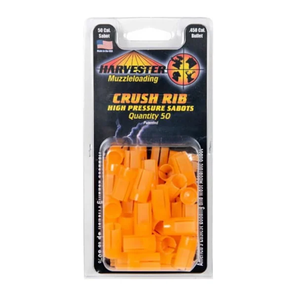 J-Ron Inc. Harvester Muzzleloading Crushed Rib Sabots, orange pieces in retail blister pack
