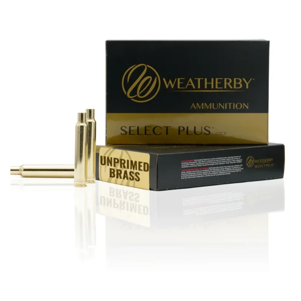 Weatherby Unprimed Brass Rifle Cartridges, black and gold box with several brass cases