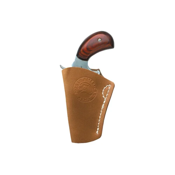 North American Arms Inside the Pants Mag, tan right-hand holster with pistol partially inserted