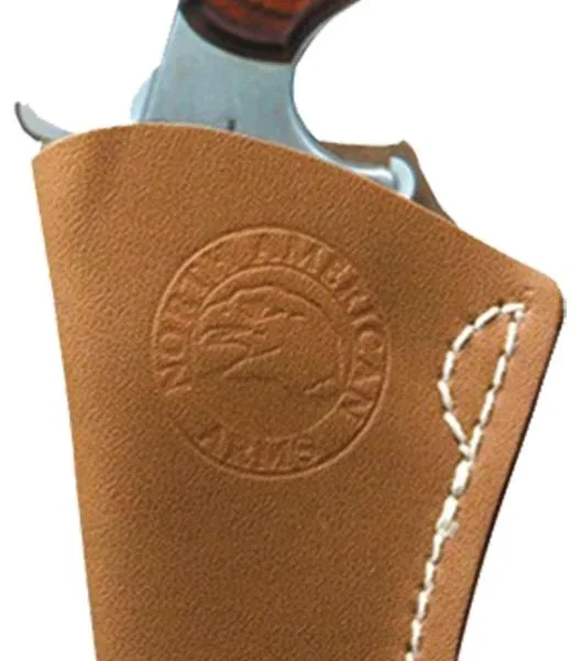 North American Arms Inside the Pants Long Rifle Right Hand, tan leather holster with handgun