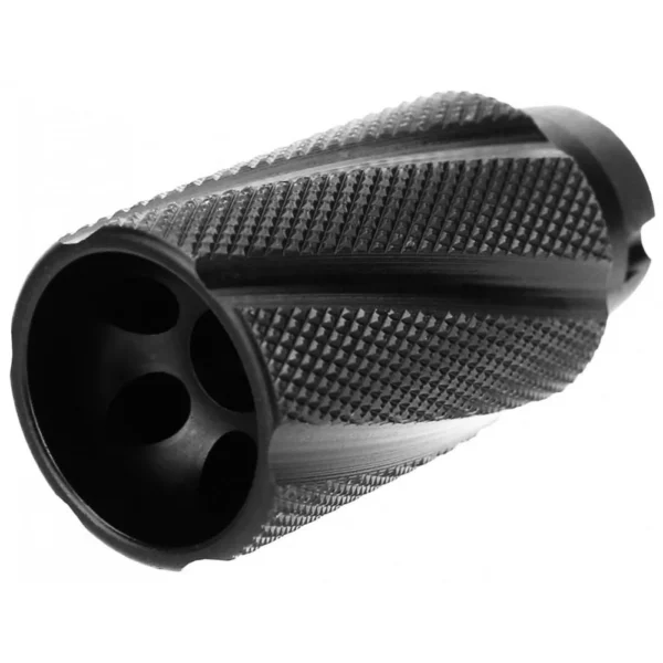 TacFire Knurled Linear Compensator, black angled front view with textured body and three ports