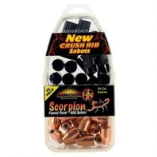 J-Ron Inc. Harvester Scorpion Funnel Point bullets in clear retail packaging with black sabots
