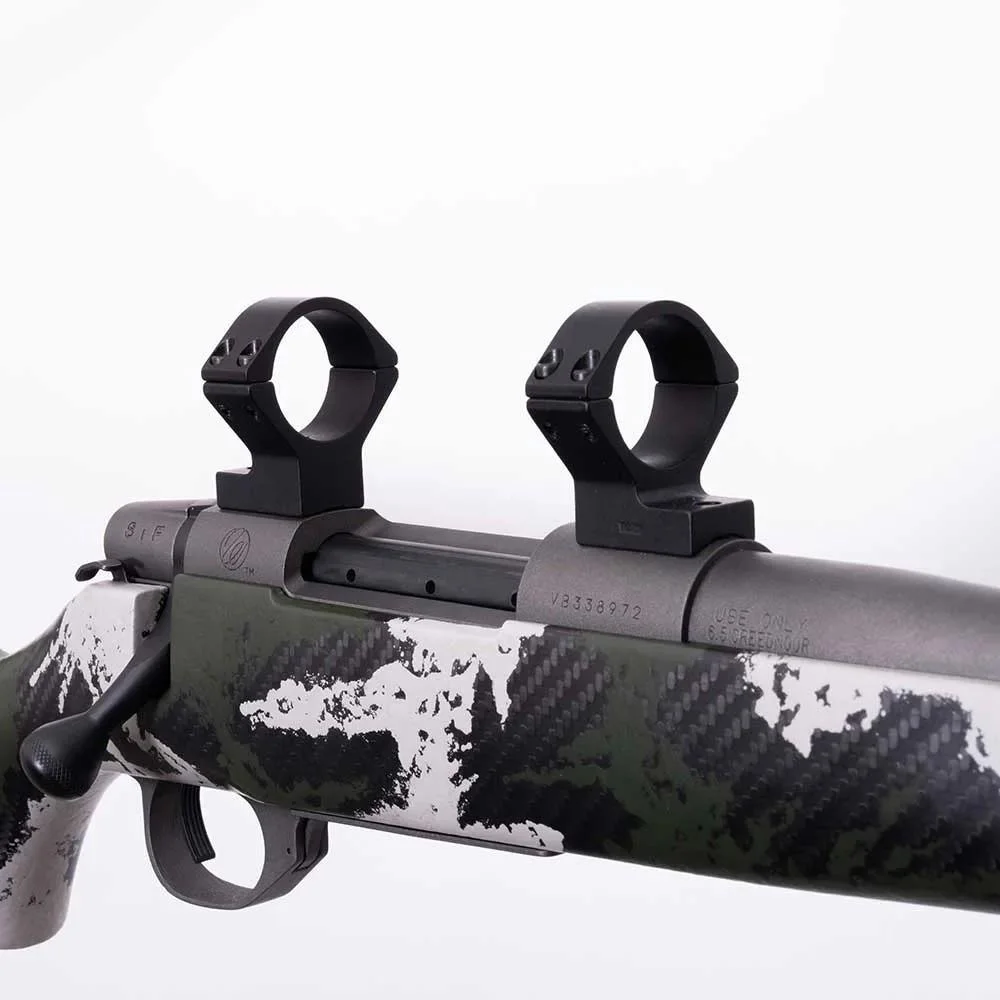 primary-40649 Weatherby Vanguard black two-piece scope mount with two rings installed on a rifle