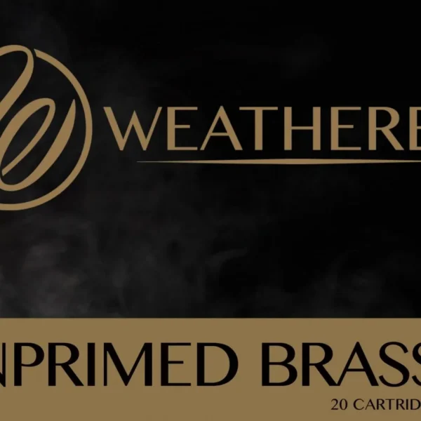 Weatherby Unprimed Brass Rifle Cartridge Cases, front view of black and gold box