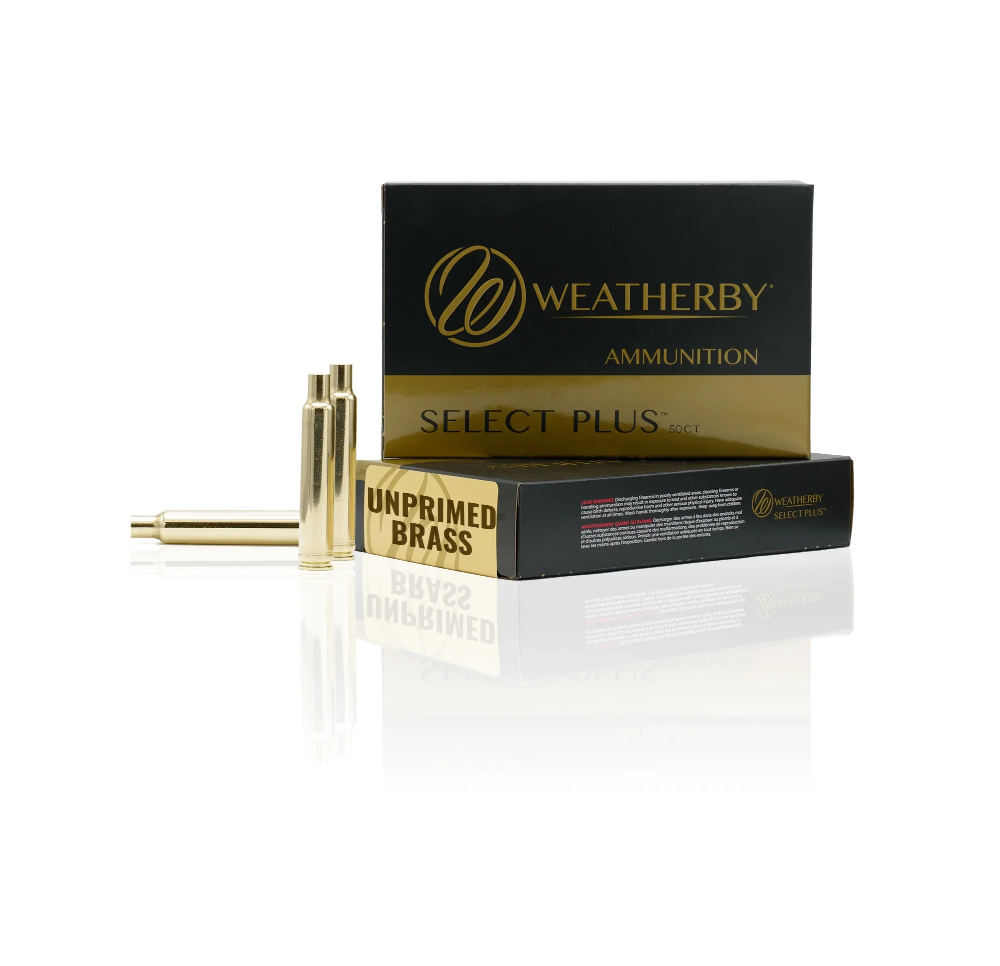 primary-40672 Weatherby Unprimed Brass Rifle Cartridge Cases, brass cases beside black and white packaging