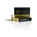 Weatherby Select Plus Rifle Ammunition, black and gold box with four brass cartridges