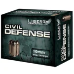 Liberty Civil Defense Handgun Ammunition, angled front view of black and green box