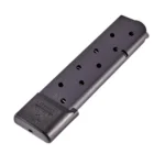 Chip McCormick Railed Power 1911 magazine, black angled side view with witness holes and base pad