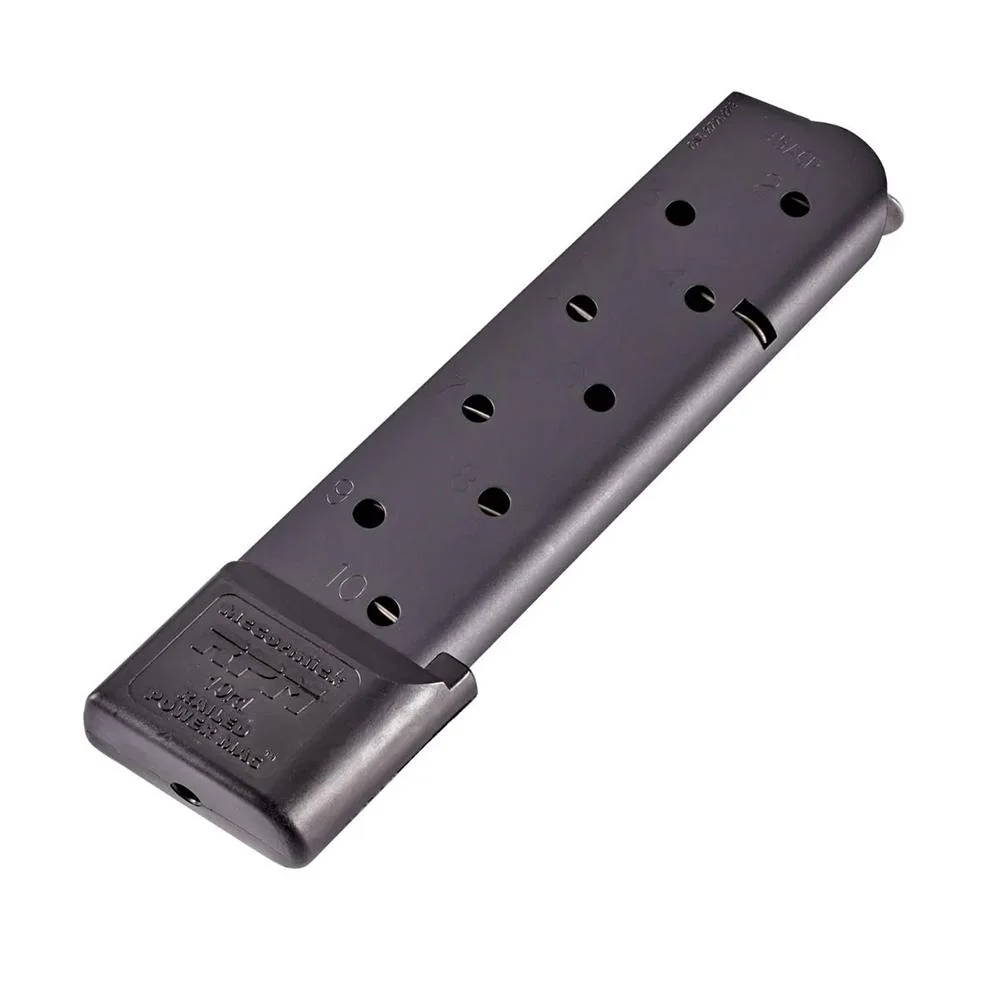 primary-40713 Chip McCormick Railed Power 1911 magazine, black angled side view with witness holes and base pad