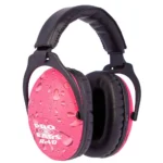 Pro-Ears ReVo Series Passive Ear Muffs, angled view with pink patterned cups and black padded headband