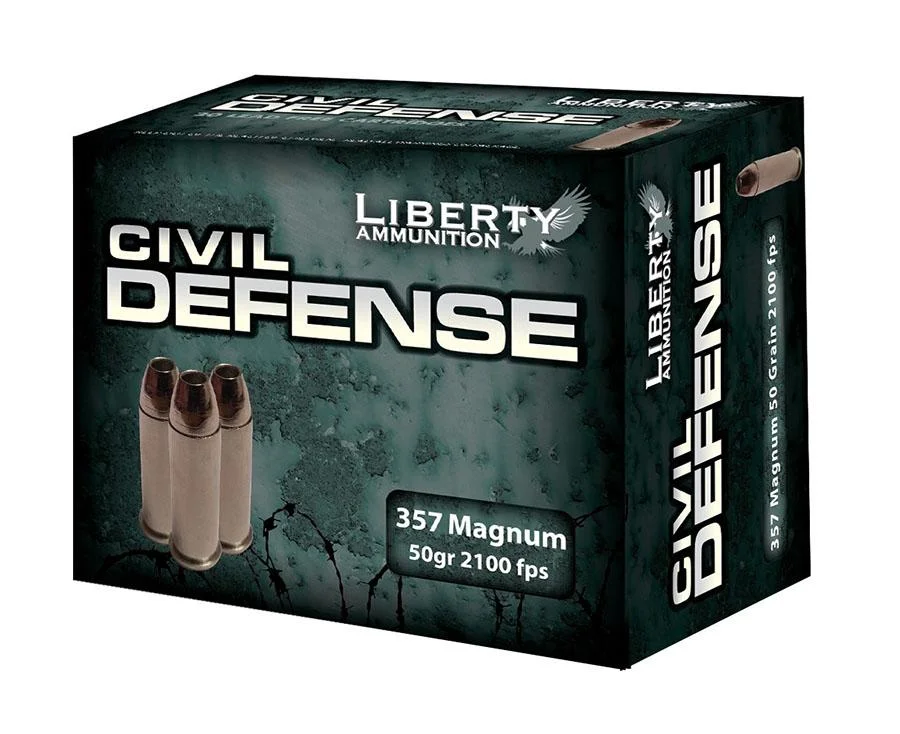 primary-40721 Liberty Civil Defense handgun ammunition, front and right-side view of green retail box