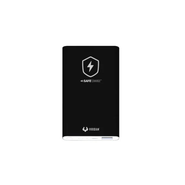 Viridian SafeCharge Power Bank for C Series, black front view with white logo and silver base