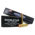 Double Tap DT Lead Free Rifle Ammunition, black boxes with three brass cartridges