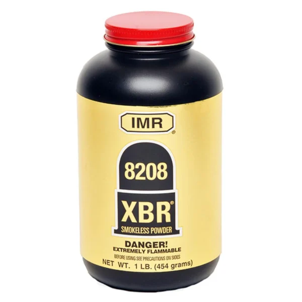 IMR 8208 XBR Rifle Powder, black bottle with red cap and yellow label, front view