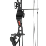 Bear Archery Brave youth compound bow in black, right side view with arrow and sight